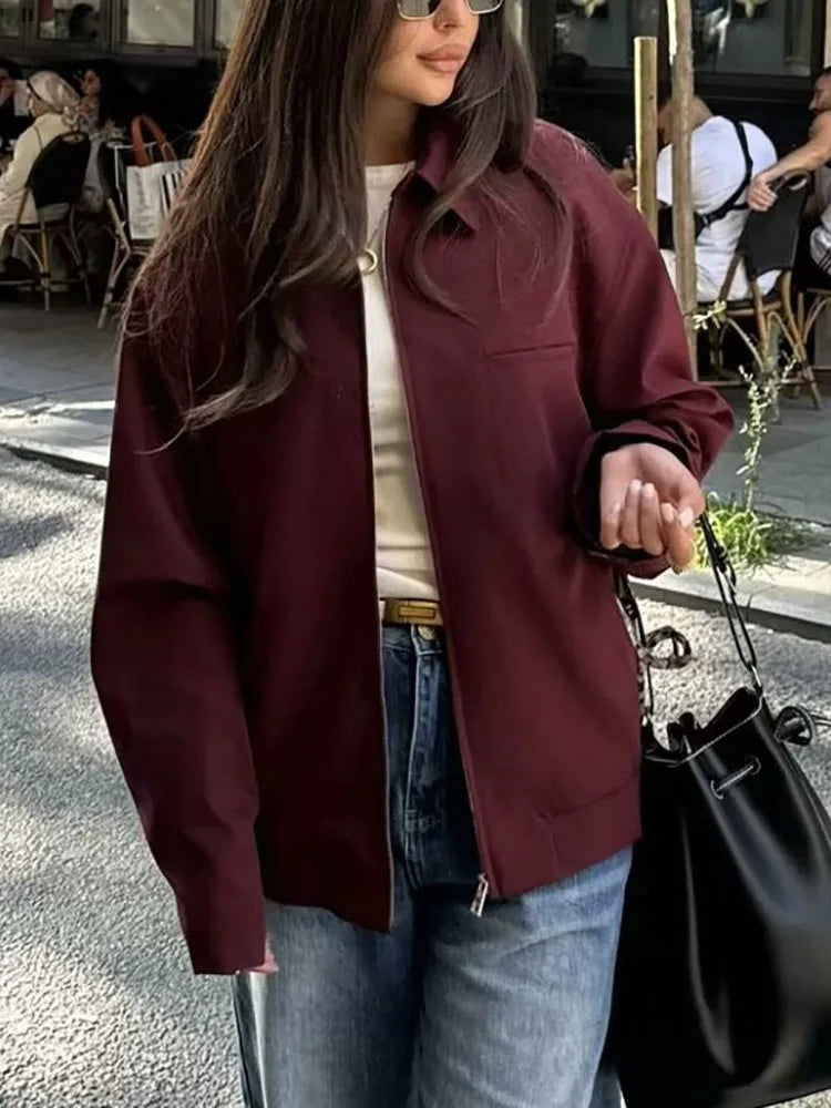 CHAQUETA DE LONA BURDEOS CON CREMALLERA